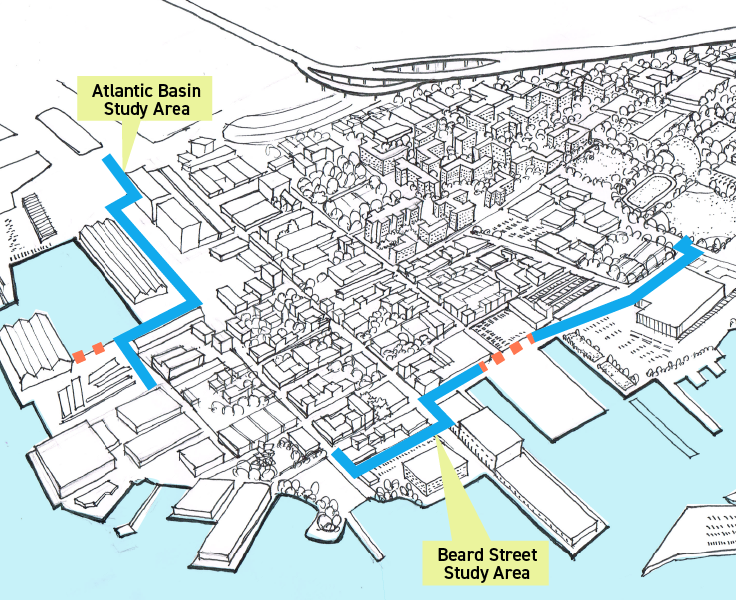 A map of Red Hook, Brooklyn, detailing coastal areas included in the study.