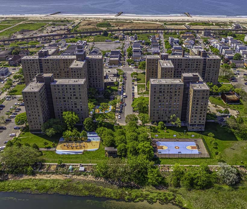 Aerial view of playgrounds at NYCHA site.