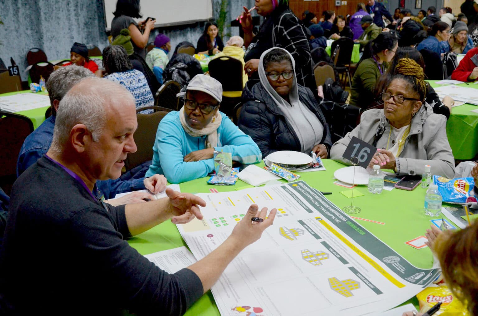 People sitting around a table in discussion based on the prompts on the activity sheet on the table