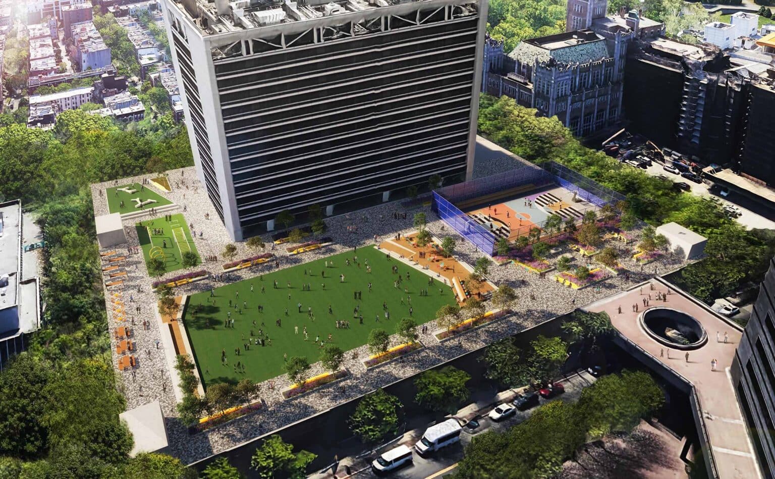 Aerial view of university plaza.